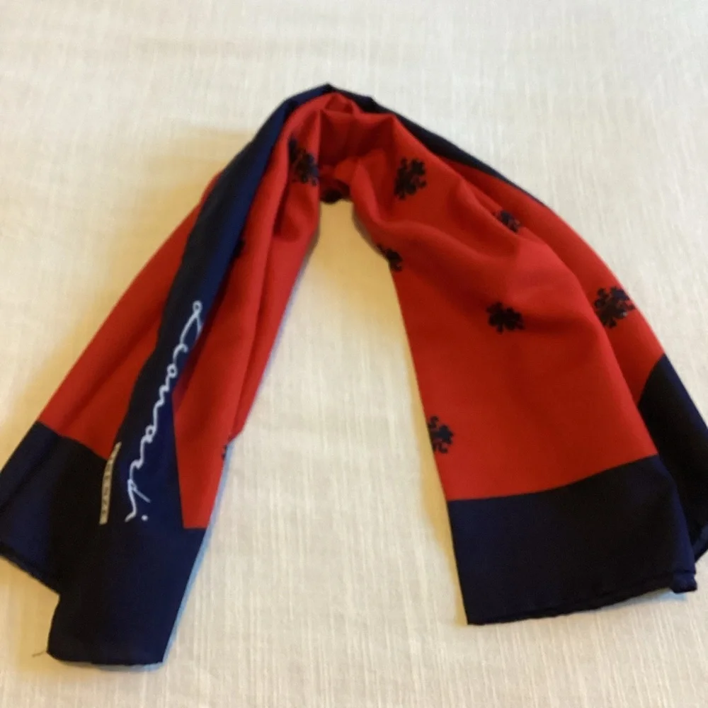 Leonardi Firenze Scarf Fleur-de-lis Pattern Red Navy Rolled Edges